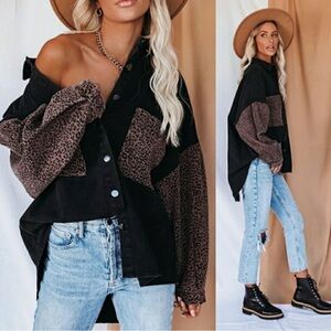 VICI Womens Black Denim Cheetah Print Shacket, Size Medium, Button-Down Shirt
